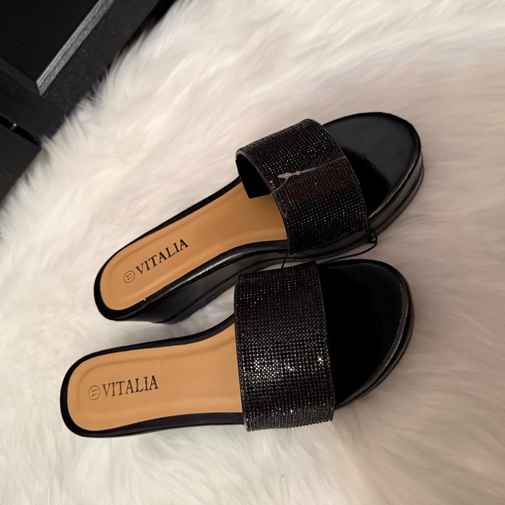 Vitalia Black Sparkle Slide Sandals